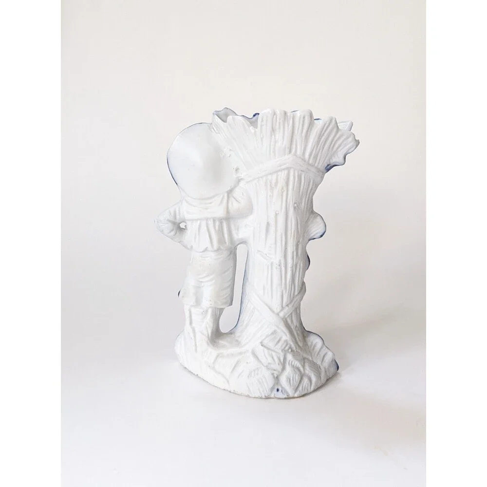 Antique German Mantel Vases Pair Boy Girl Blue White Porcelain Figurines‎ c1900